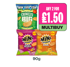 Mini Cheddars Original, Cheese & Red Onion, Crinklys Big Cheese & Onion - Any 2 for £1.50 at Budgens