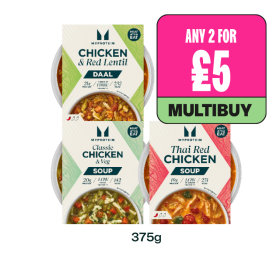 My Protein Chicken & Red Lentil Daal, Classic Chicken & Veg Soup, Thai Red Chicken Soup - Any 2 for £5 at Budgens