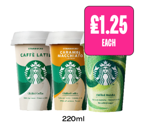 Starbucks Caffe Latte, Caramel Macchiato, Matcha Latte - Now Only £1.25 at Budgens
