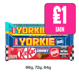 Yorkie Duo, Salted Caramel Pretzel, KitKat Chunky - Now Only £1 at Budgens