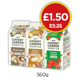 New Covent Garden Wild Mushroom Soup, Chicken Soup, Tomato & Basil Soup - Was £2.25, Now £1.50 at Budgens