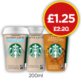 Starbucks Skinny Latte, Caffe Latte, Caramel Macchiato - Was £2.20, Now £1.25 at Budgens