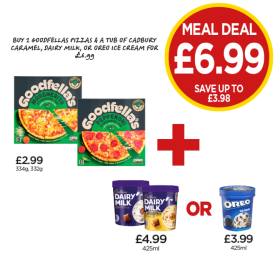 Goodfellas Margherita, Pepperoni, Cadbury Dairy Milk Ice Cream, Caramel, Oreo - Now Only Buy 2 Goodfellas Pizzas & A Tub Of Cadbury Caramel, Dairy Milk, Or Oreo Ice Cream for £6.99 at Budgens