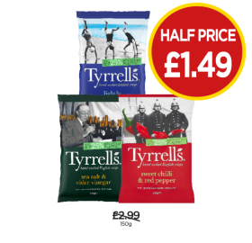 Tyrrell's Lightly Salted, Sea Salt & Vinegar, Sweet Chilli & Red Pepper - Now Only Half Price £1.49 at Budgens
