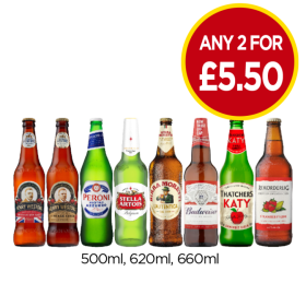 Henry Westons British Whisky, Vintage Cider, Peroni, Stella Artois, Moretti, Budweiser, Thatchers Katy, Rekorderlig - Any 2 for £5.50 at Budgens