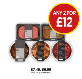 The Meat Market Beef Burgers, Salt & Chilli Sizzle Steak, Louisiana BBQ Pork Ribs, Piri Piri Chicken Wings, Chinese Pork Ribs - Any 2 for £12 at Budgens