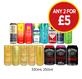 Bombay Presse Citrus Collins, Gin & Tonic, Ciroc Summer Citrus, Tropical Passion, Absolut Sprite, Served Margerita, Mojito, Bacardi Cola, Au Vodka, Jack Daniels Coca Cola, Zero Sugar, Cherry - Any 2 for £5 at Budgens