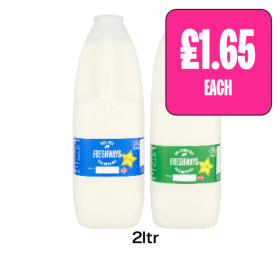 Freshways Milk Whole, Semi-Skimmed - Now Only £1.65 at Budgens