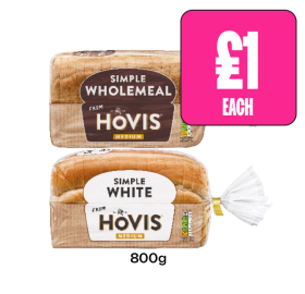 Hovis Simple White, Wholemeal - Now Only £1 at Budgens