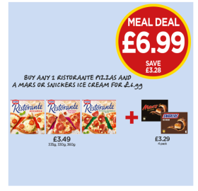 Ristorante Pizza Mozzarella, Pepperoni-Salame, Pepperoni Mozzarella Pesto, Mars Ice Cream, Snickers Ice Cream - Now Only Buy Any 2 Ristorante Pizzas And A Mars Or Snickers Ice Creams for £6.99 at Budgens