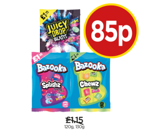 Juicy Drop Blasts, Bazooka Splashz, Chewz - Any 2 for 85p at Budgens