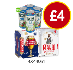 Inch's 0.0, Stella Artois, Madri Zero - Now Only £4 at Budgens