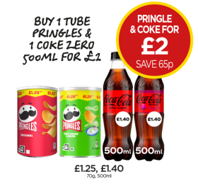 Pringles Salted, Sour Cream, Coke Zero, Cherry - Buy 1 Pringles & Coke Zero for £2 at Budgens