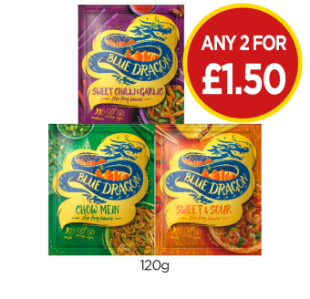 Blue Dragon Sweet Chilli & Garlic Sauce, Chow Mein Sauce, Sweet & Sour Sauce - Any 2 for £1.50 at Budgens