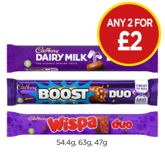 Cadbury Duo Dairy Milk, Boost, Wispa - Any 2 for £2 at Budgens