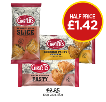 Ginsters Peppered Steak Slice, Cornish Pasty, Chicken & Bacon Pasty - Now Half Price £1.42 at Budgens