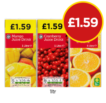 Mango Juice Drink, Cranberry Juice, Orange Juice - Now Only £1.59 each at Budgens