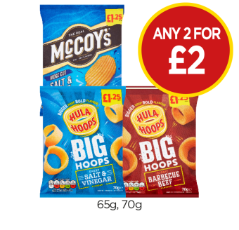 McCoys Salt & Vinegar, Hula Hoops Salt & Vinegar, Barbecue Beef - Any 2 for £2 at Budgens