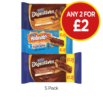 McVities Digestive Slices Chocolate, Caramel, Hobnobs Flapjacks - Any 2 for £2 at Budgens