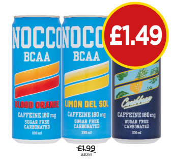 Nocco BCAA Blood Orange, Lemon, Caribbean - Now Only £1.49 each at Budgens