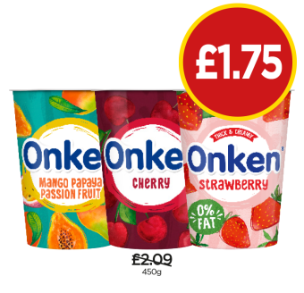 Onken Yoghurts Mango Papaya Passion Fruit, Cherry, Strawberry - Now Only £1.75 each at Budgens
