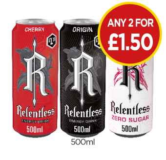 Relentless Energy Cherry, Origin, Raspberry - Any 2 for £1.50 at Budgens