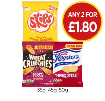 Skips Prawn Cocktail, Wheat Crunchies Crispy Bacon, Roysters T-Bone Steak - Any 2 for £1.80 at Budgens