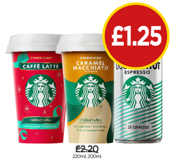 Starbucks Caffe Latte, Caramel Macchiato, Doubleshot Espresso - Now Only £1.25 each at Budgens