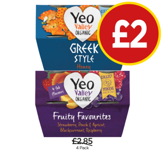 Yeo Valley Organic Greek Style Yoghurt Honey, Fruit Favourites Pack - Now Only £2 each at Budgens