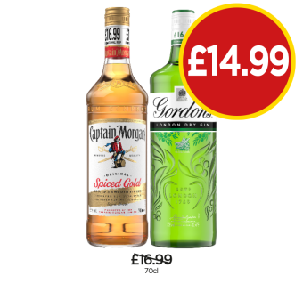 Captain Morgan Spiced Gold, Gordons Dry Gin - Now Only £14.99 at Budgens