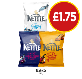 Kettle Lightly Salted, Sea Salt & Balsamic Vinegar Of Modena, Mature Cheddar & Red Onion - Now Only £1.75 at Budgens