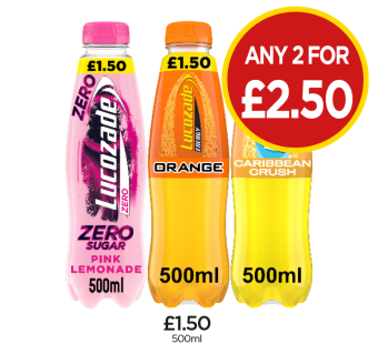 Lucozade Orange, Caribbean Crush, Pink Lemonade - Any 2 for £2.50 at Budgens