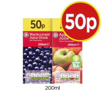 Blackcurrant Juice Drink, Apple Juice - Now Only 50p at Budgens