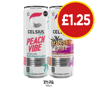 Celsius Peach Vibe, Sunset Vibe - Now Only £1.25 at Budgens
