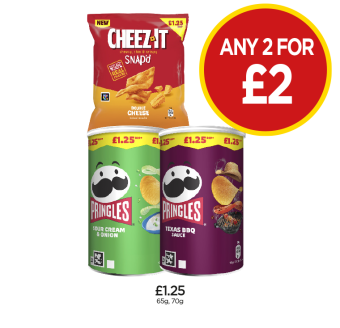 Cheez It, Pringles Sour Cream & Onion, Texas BBQ Sauce - Any 2 for £2 at Budgens