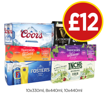 Coors, Guinness, Thatchers Blood Orange, Apple & Blackcurrant, Foster's, Inch's - Now Only £12 at Budgens