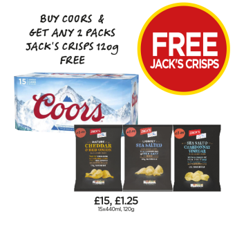 Coors, Jack's Crisps Cheddar & Red Onion, Sea Salted, Sea Salt & Vinegar - Buy Coors & Get Any Packs of Jack's Crisps FREE at Budgens