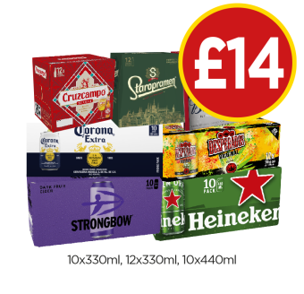 Cruzcampo, Staropramen, Budweiser, Corona, Desperados, Strongbow Dark Fruits, Heineken - Now Only £14 at Budgens