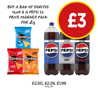 Doritos Cool Original, Chilli Heatwave, Tangy Cheese, Pepsi, Max, Diet - Buy A Bag Of Doritos & A Pepsi for £3 at Budgens