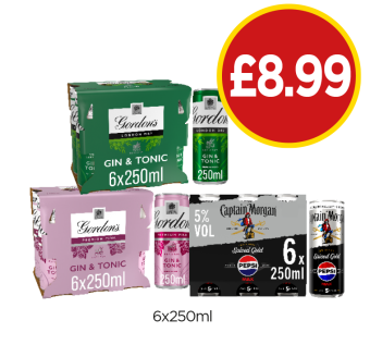 Gordon's Gin & Tonic, Pink Gin, Captain Morgan Pepsi Max - Now Only £8.99 at Budgens