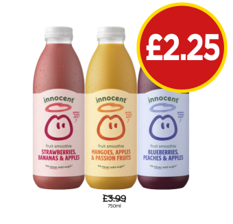 Innocent Strawberries Bananas & Apples, Mangoes Apples & Passion Fruits, Blueberries Peaches & Apples - Now Only £2.25 at Budgens