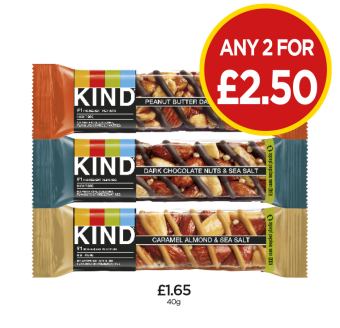 Kind Peanut Butter Dark Chocolate, Dark Chocolate Nuts & Sea Salt, Caramel Almond & Sea Salt - Any 2 for £2.50 at Budgens