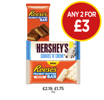 Reese's Peanut Butter Bar, White, Hershey's Cookies 'N' Crème - Any 2 for £3 at Budgens