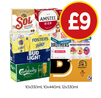 Sol Cerveza, Amstel, Fosters Shandy, Brewdog Cold Beer, Bud Light, Brothers Variety, Carlsberg, Draught - Now Only £9 at Budgens