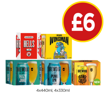 Camden Hells Lager, Brewdog Wingman, Hazy Jane, Punk IPA, Orange Crush - Now Only £6 at Budgens