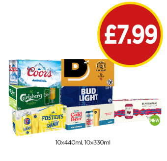 Coors, Draught, Carlsberg, Bud Light, Foster's Shandy, Brewdog Cold Beer, Rekorderlig - Now Only £7.99 at Budgens