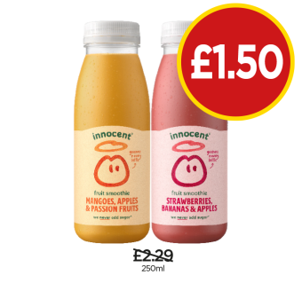 Innocent Mangoes Apples & Passion Fruits, Strawberries Bananas & Apples - Now Only £1.50 at Budgens