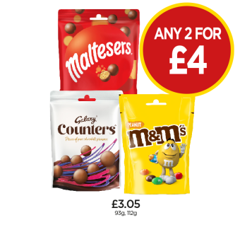 Maltesers, Galaxy Counters, Peanut M&M's - Any 2 for £4 at Budgens