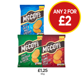 McCoy's Salt & Malt Vinegar, Cheddar & Onion, Flame Grilled Steak - Any 2 for £2 at Budgens