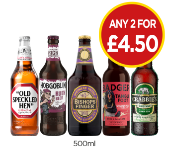 Old Speckled Hen, Hobgoblin, Bishops Finger, Badger Tangle Foot, Crabbies - Any 2 for £4.50 at Budgens